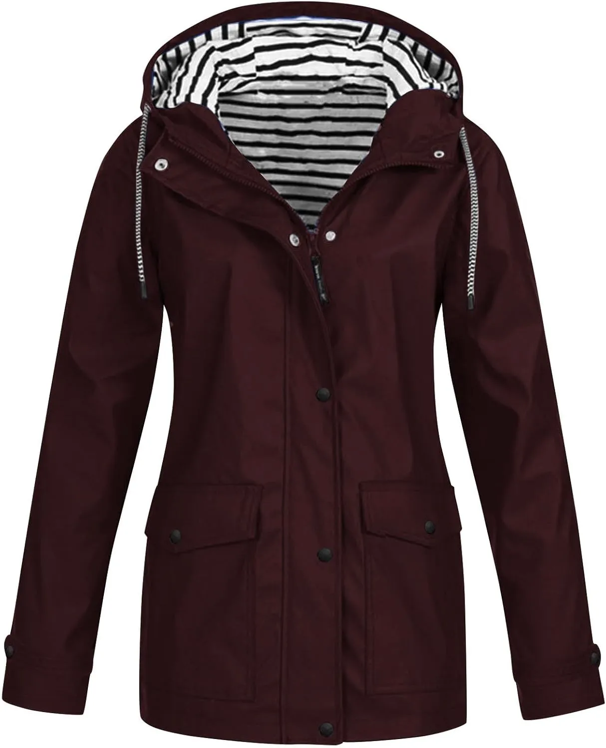 Waterproof Trench Coat Women Button Drawstring Waterproof Jacket Hooded Windproof Raincoat with Pockets Outdoor