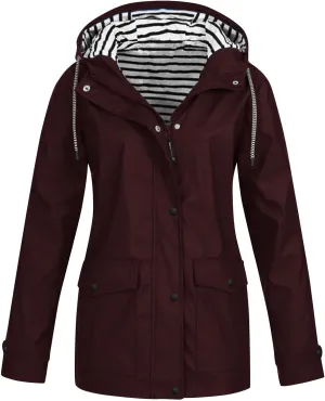 Waterproof Trench Coat Women Button Drawstring Waterproof Jacket Hooded Windproof Raincoat with Pockets Outdoor