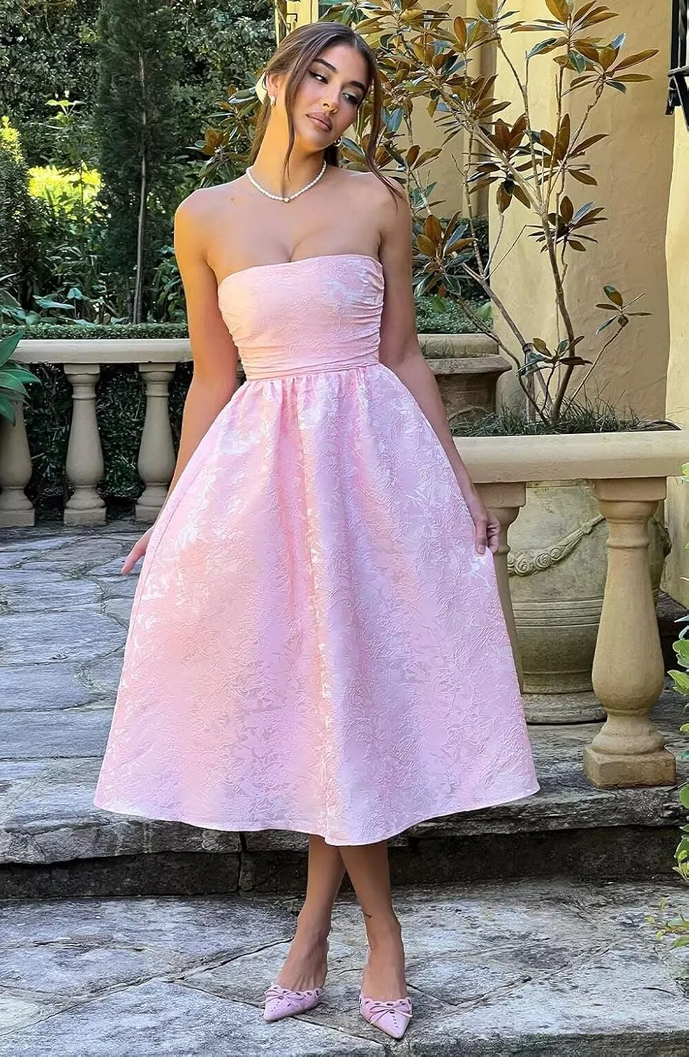 Wchecalino Jacquard Floral Satin Prom Dresses 2025 Tea Length A Line Formal Strapless Corset Evening Party Gowns