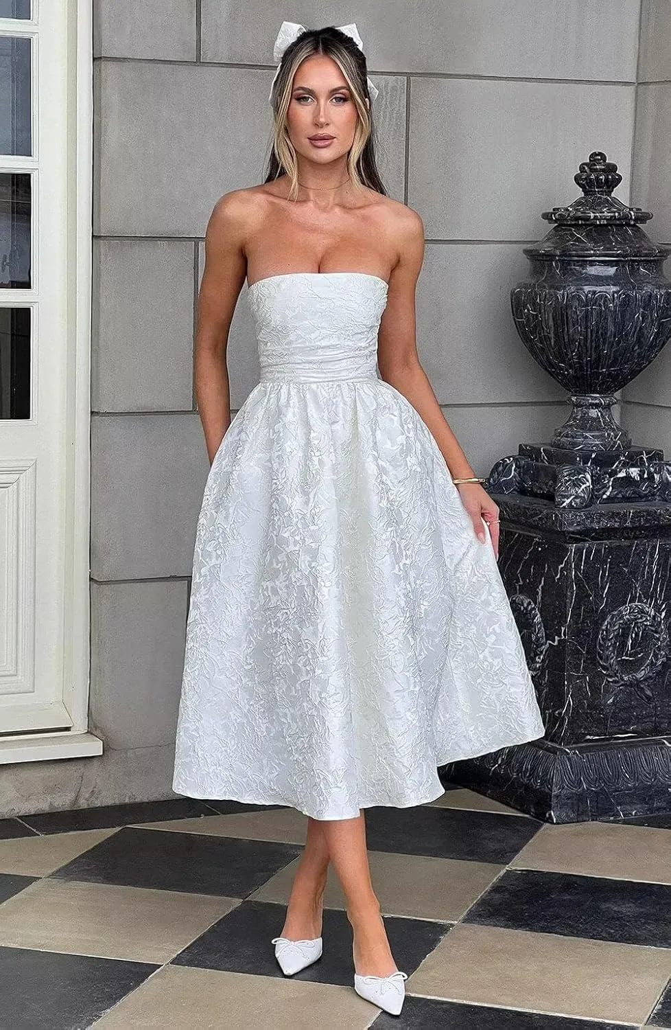 Wchecalino Jacquard Floral Satin Prom Dresses 2025 Tea Length A Line Formal Strapless Corset Evening Party Gowns