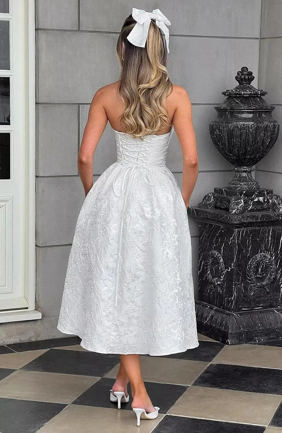 Wchecalino Jacquard Floral Satin Prom Dresses 2025 Tea Length A Line Formal Strapless Corset Evening Party Gowns