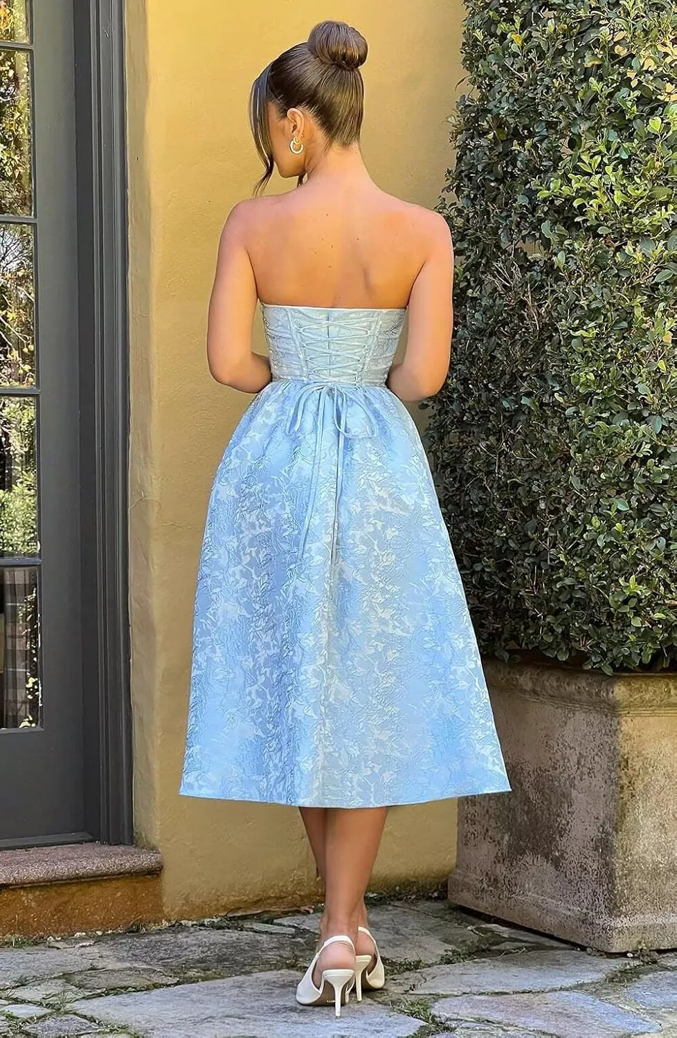 Wchecalino Jacquard Floral Satin Prom Dresses 2025 Tea Length A Line Formal Strapless Corset Evening Party Gowns