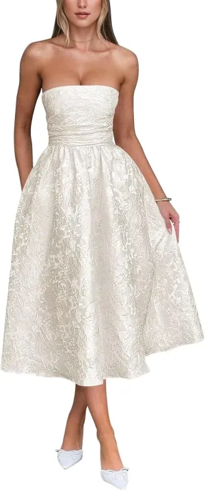 Wchecalino Jacquard Floral Satin Prom Dresses 2025 Tea Length A Line Formal Strapless Corset Evening Party Gowns