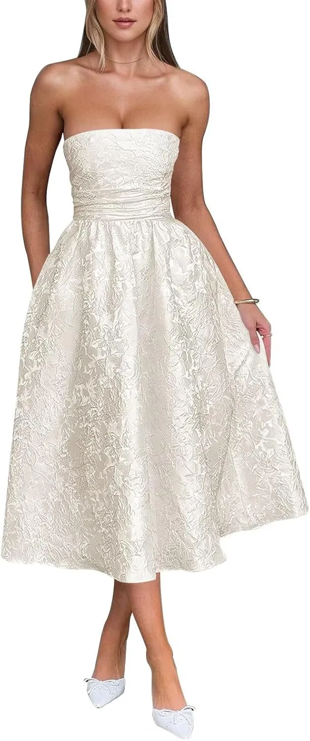 Wchecalino Jacquard Floral Satin Prom Dresses 2025 Tea Length A Line Formal Strapless Corset Evening Party Gowns