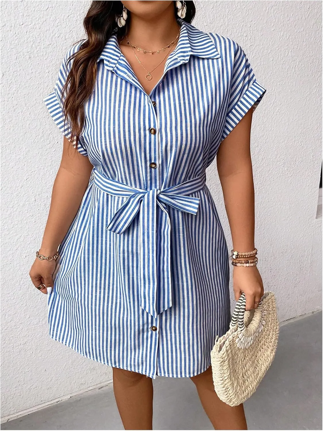 WDIRARA Women's Plus Size Striped Short Sleeve Dress Collar Button Down Midi Dress with Belt