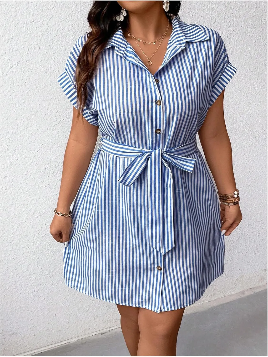 WDIRARA Women's Plus Size Striped Short Sleeve Dress Collar Button Down Midi Dress with Belt