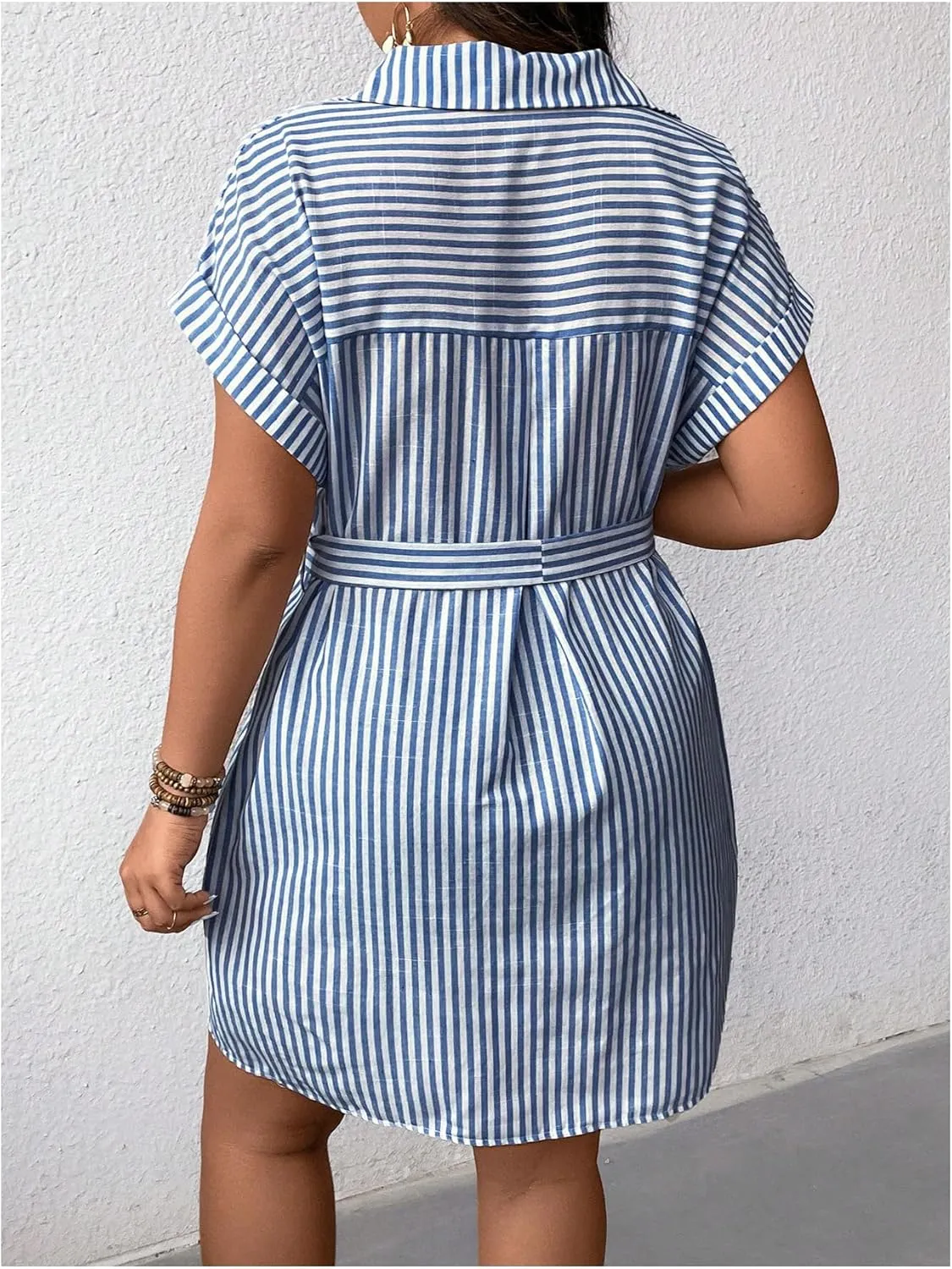 WDIRARA Women's Plus Size Striped Short Sleeve Dress Collar Button Down Midi Dress with Belt