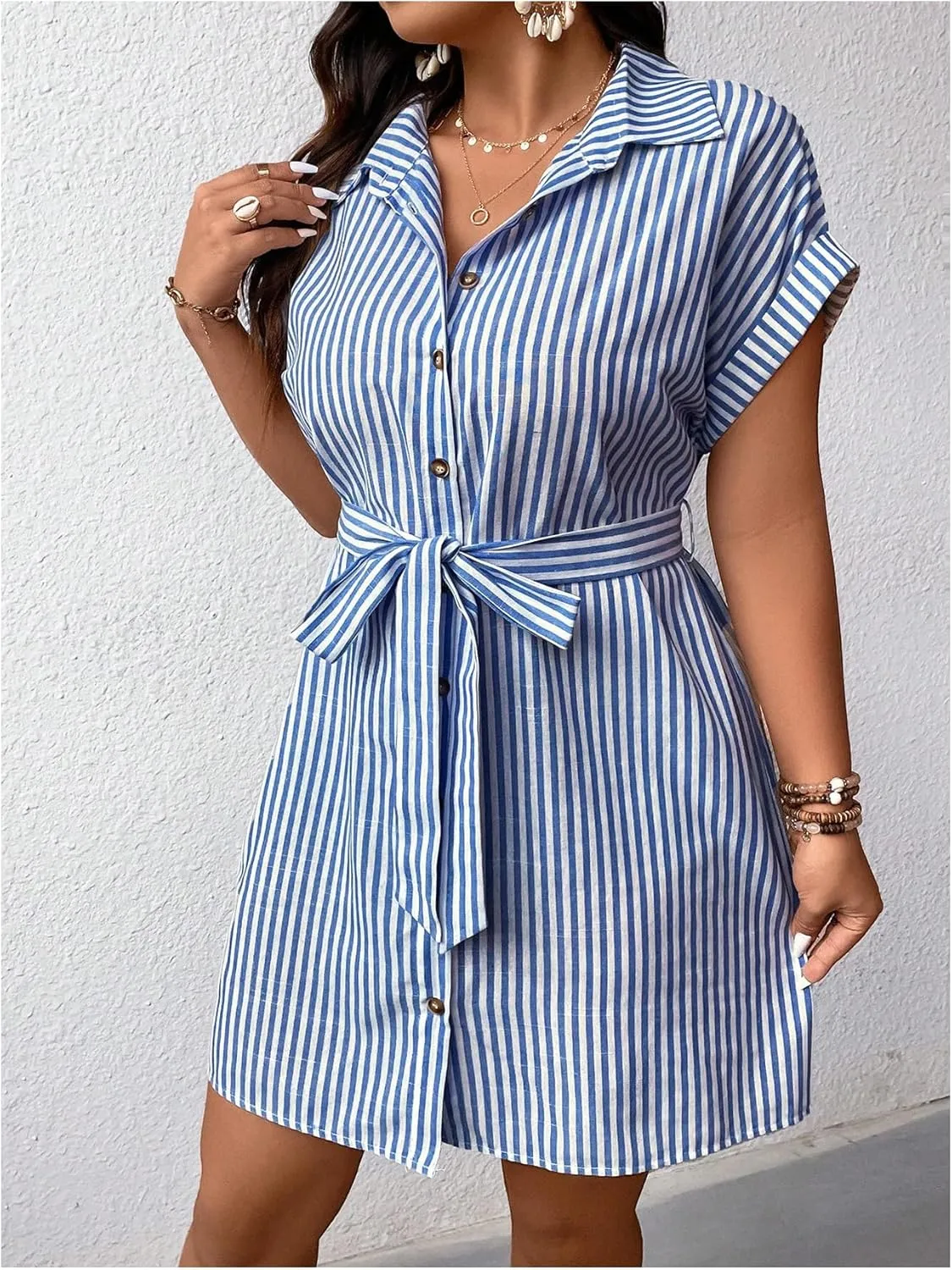 WDIRARA Women's Plus Size Striped Short Sleeve Dress Collar Button Down Midi Dress with Belt