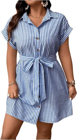 WDIRARA Women's Plus Size Striped Short Sleeve Dress Collar Button Down Midi Dress with Belt