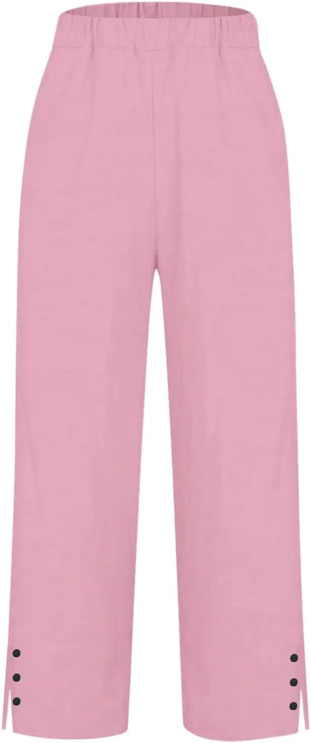 White Linen Pants Women Elastic Pants Long Drawstring Linen Women Waist Cotton Casual Slit Trouser Legs Pants
