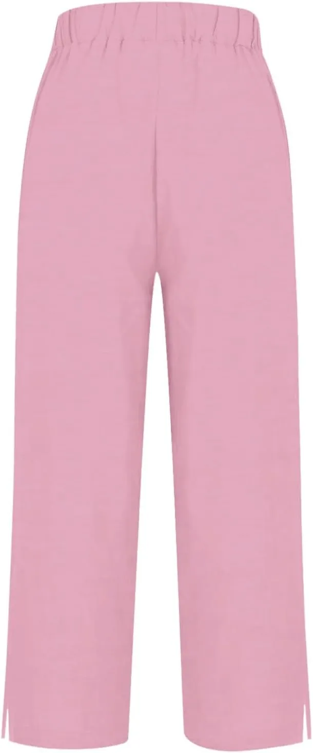 White Linen Pants Women Elastic Pants Long Drawstring Linen Women Waist Cotton Casual Slit Trouser Legs Pants