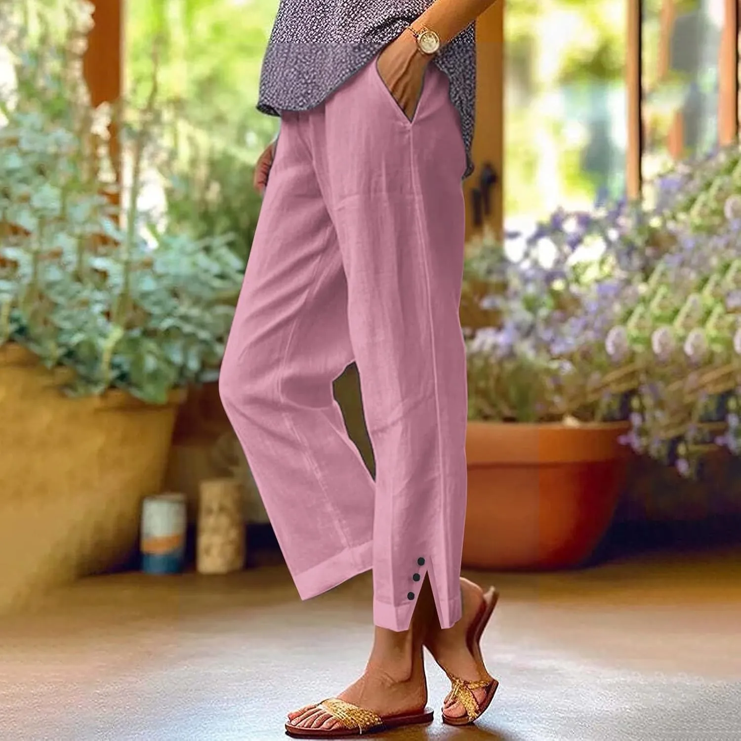 White Linen Pants Women Elastic Pants Long Drawstring Linen Women Waist Cotton Casual Slit Trouser Legs Pants