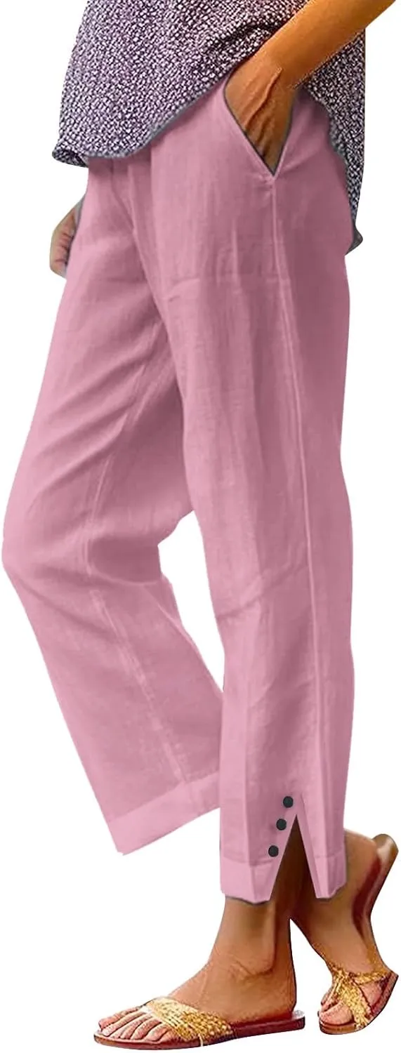 White Linen Pants Women Elastic Pants Long Drawstring Linen Women Waist Cotton Casual Slit Trouser Legs Pants