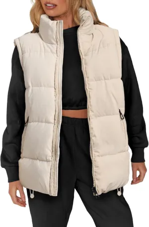 WHN Womens Puffer Vest 2024 Winter Zip Up Oversized Padded Puffy Jacket Coat with Pockets