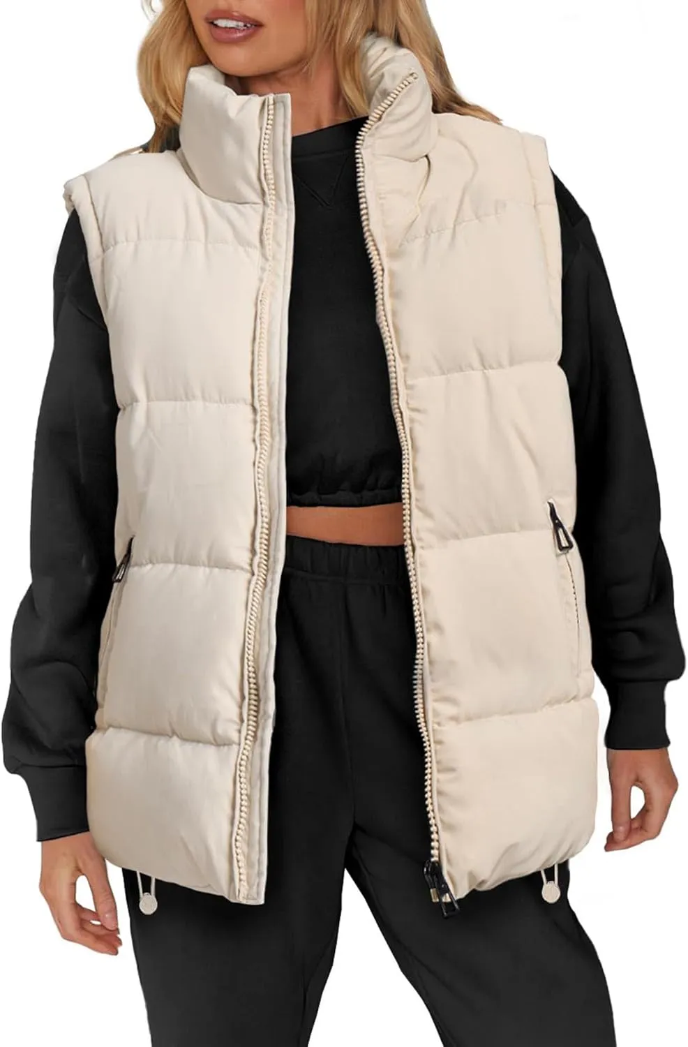 WHN Womens Puffer Vest 2024 Winter Zip Up Oversized Padded Puffy Jacket Coat with Pockets