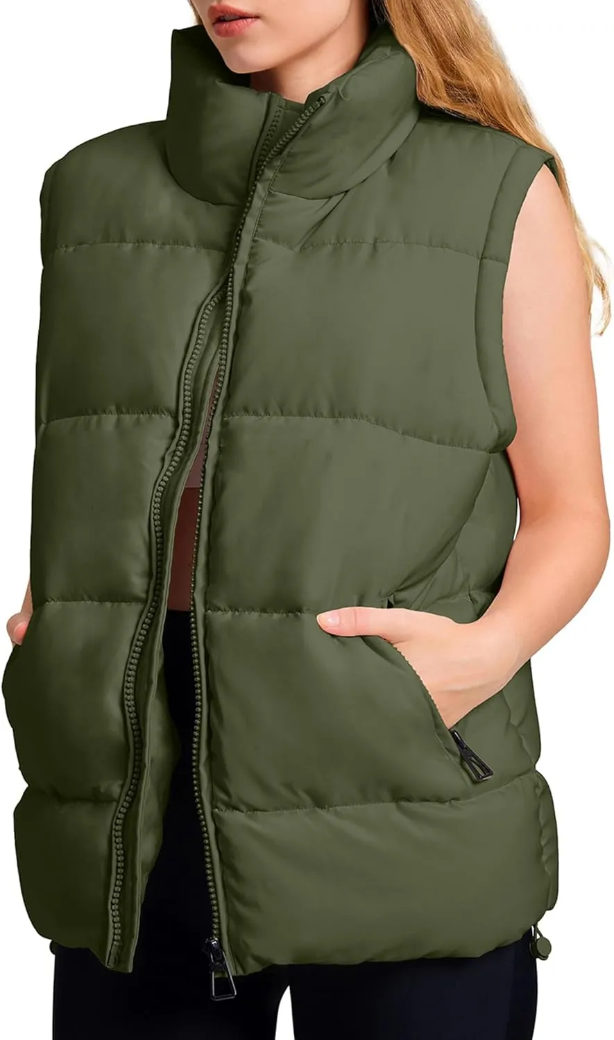 WHN Womens Puffer Vest 2024 Winter Zip Up Oversized Padded Puffy Jacket Coat with Pockets