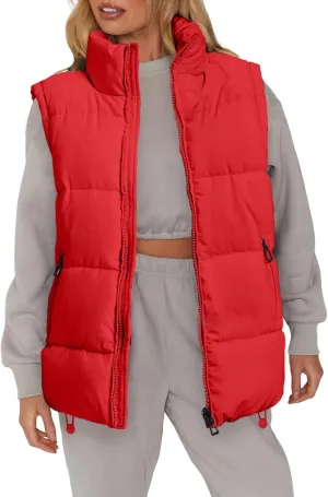 WHN Womens Puffer Vest 2024 Winter Zip Up Oversized Padded Puffy Jacket Coat with Pockets
