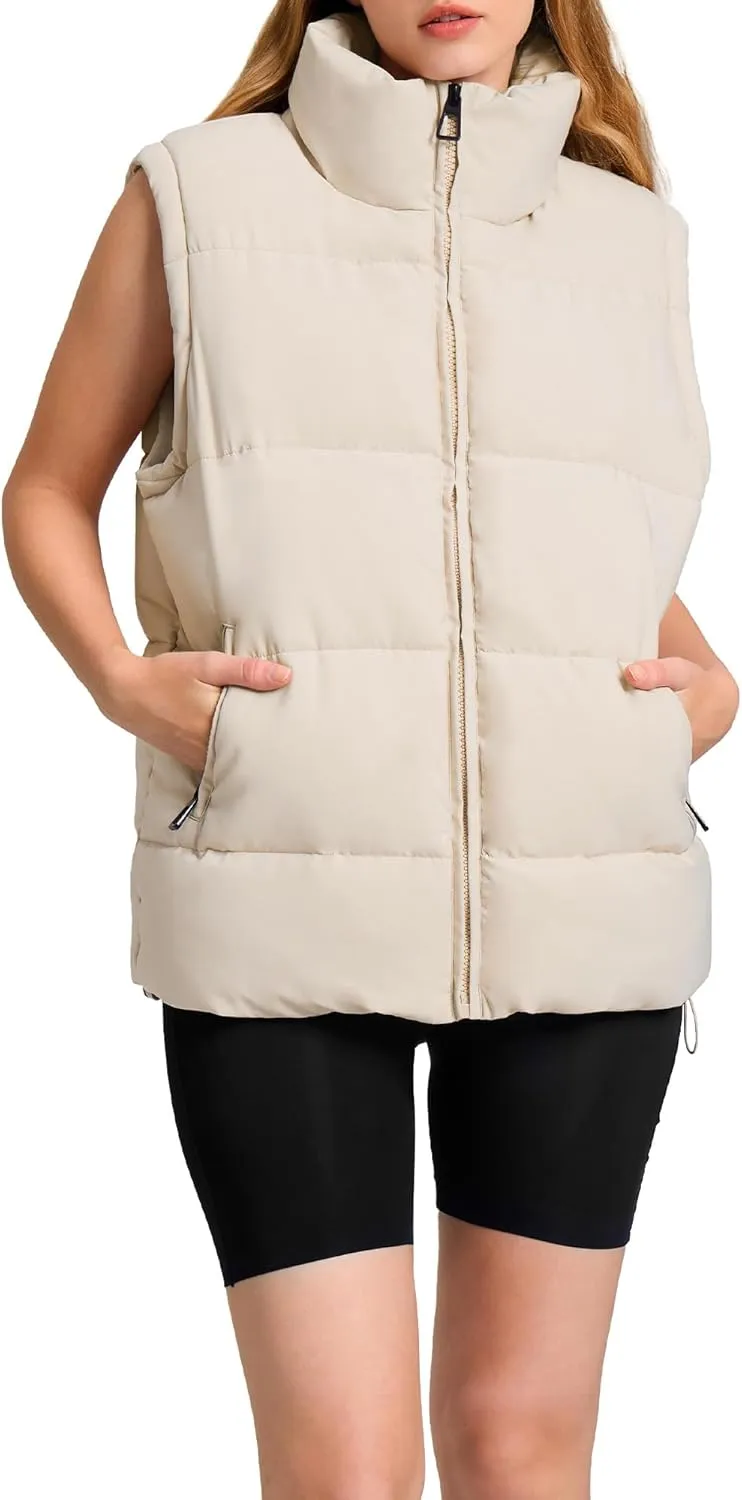 WHN Womens Puffer Vest 2024 Winter Zip Up Oversized Padded Puffy Jacket Coat with Pockets