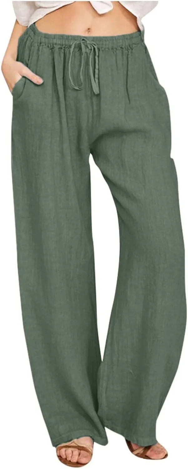 Wide Leg Linen Pants for Women Drawstring High Waisted Palazzo Pants Comfy Loose Boho Beach Trousers with Pockets