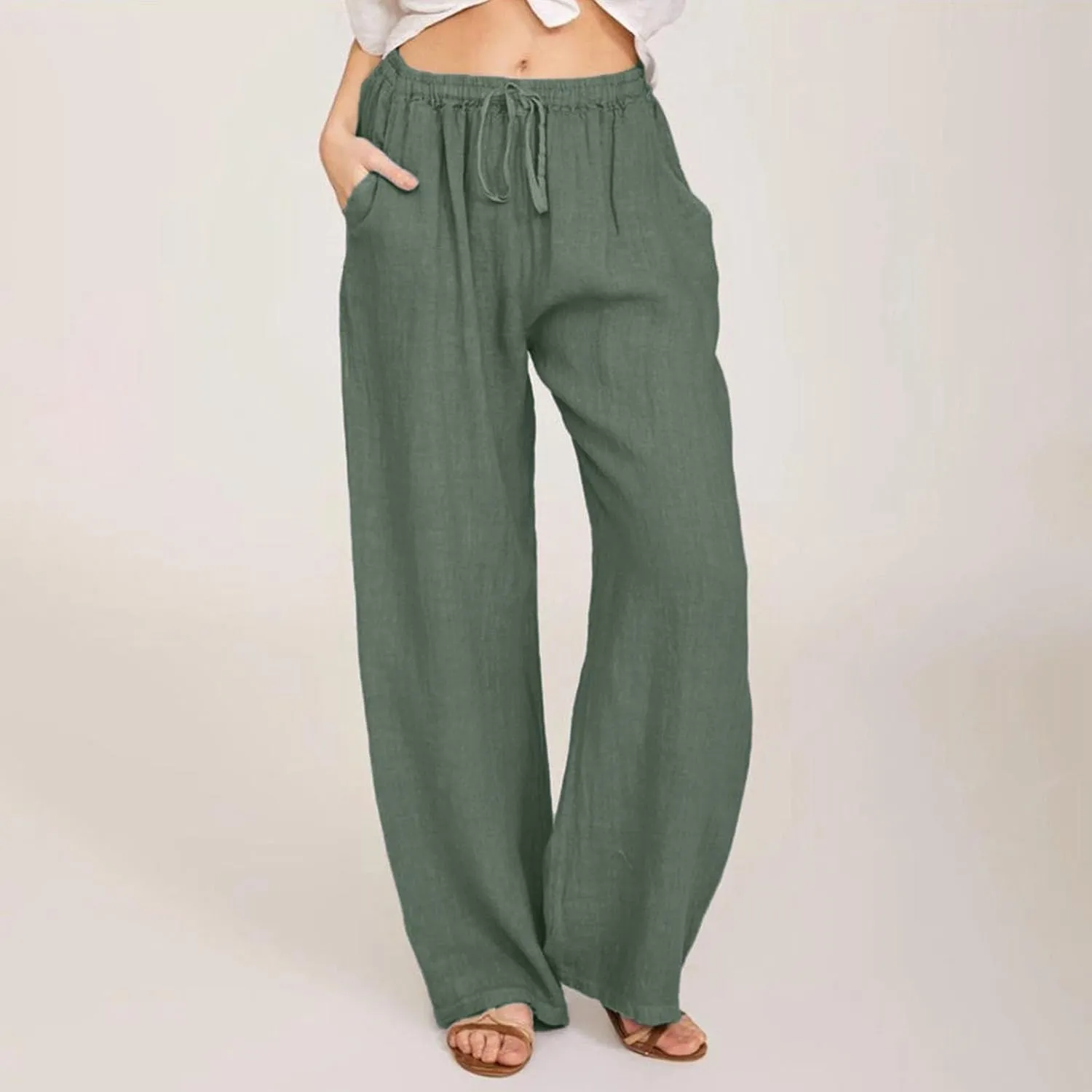 Wide Leg Linen Pants for Women Drawstring High Waisted Palazzo Pants Comfy Loose Boho Beach Trousers with Pockets