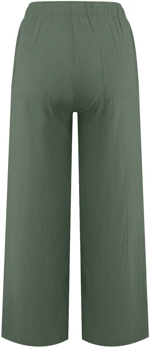 Wide Leg Linen Pants for Women Drawstring High Waisted Palazzo Pants Comfy Loose Boho Beach Trousers with Pockets