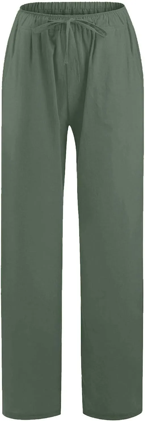 Wide Leg Linen Pants for Women Drawstring High Waisted Palazzo Pants Comfy Loose Boho Beach Trousers with Pockets