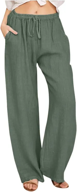 Wide Leg Linen Pants for Women Drawstring High Waisted Palazzo Pants Comfy Loose Boho Beach Trousers with Pockets