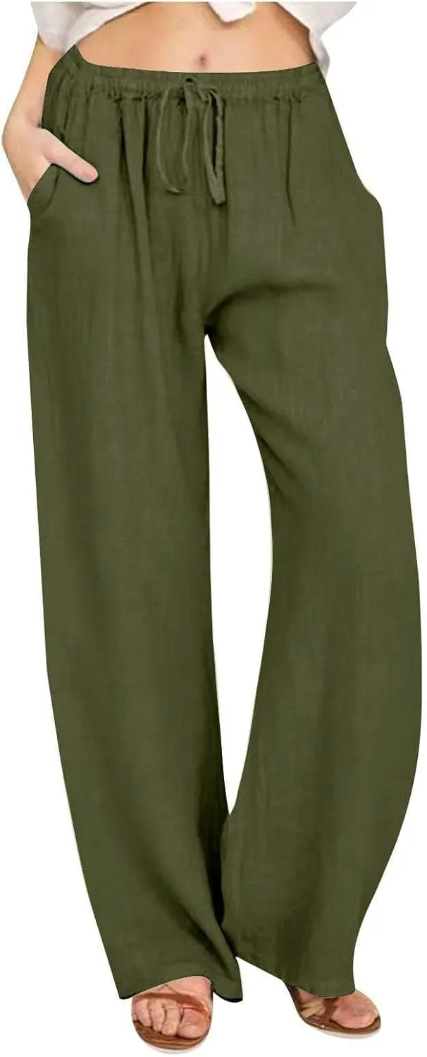 Wide Leg Linen Pants for Women Summer Boho Drawstring High Waist Casual Lounge Pant 2025 Beach Travel Vacation Outfits