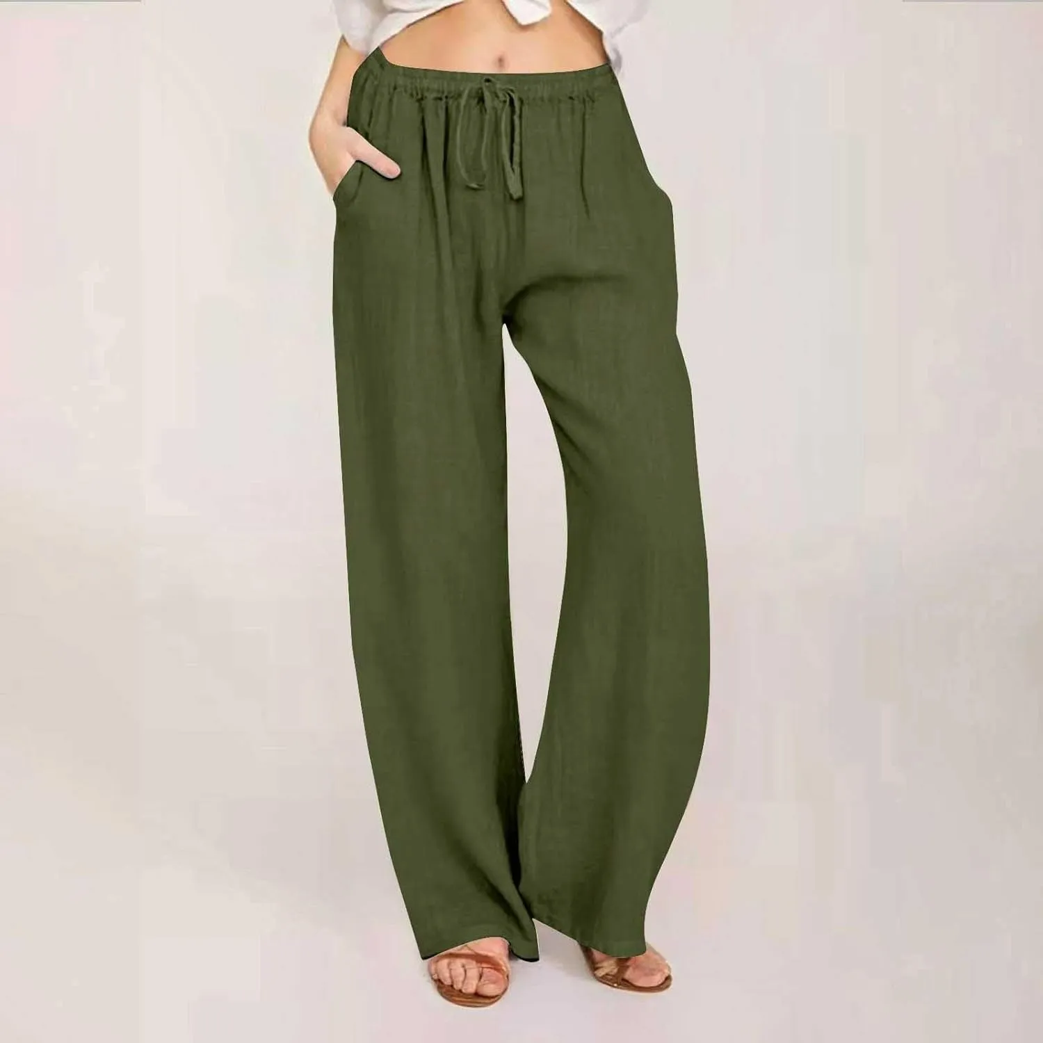Wide Leg Linen Pants for Women Summer Boho Drawstring High Waist Casual Lounge Pant 2025 Beach Travel Vacation Outfits