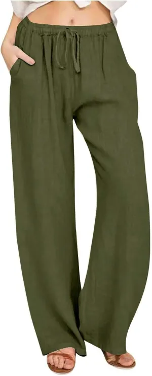 Wide Leg Linen Pants for Women Summer Boho Drawstring High Waist Casual Lounge Pant 2025 Beach Travel Vacation Outfits