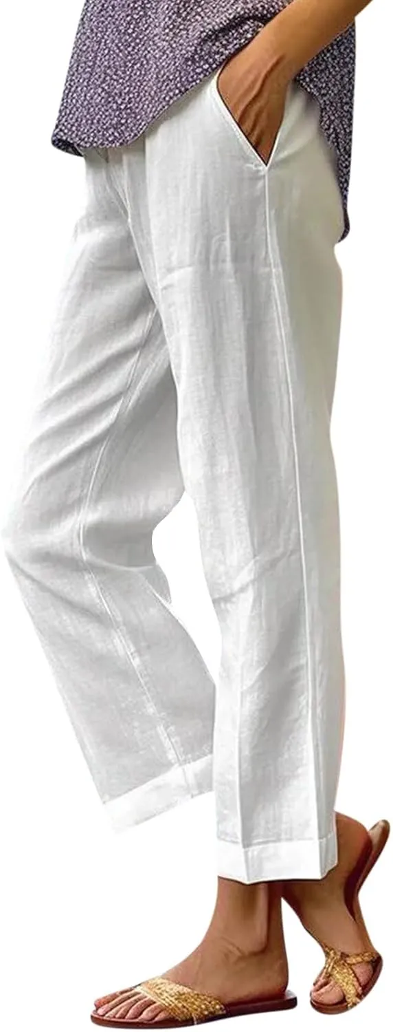 Wide Leg Pants Woman Casual Linen Elastic Waisted Pants Straight Loose Comfy Trousers Solid Sweatpants with Pocket