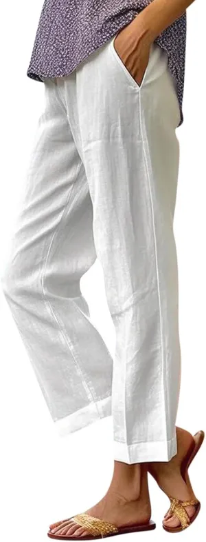 Wide Leg Pants Woman Casual Linen Elastic Waisted Pants Straight Loose Comfy Trousers Solid Sweatpants with Pocket