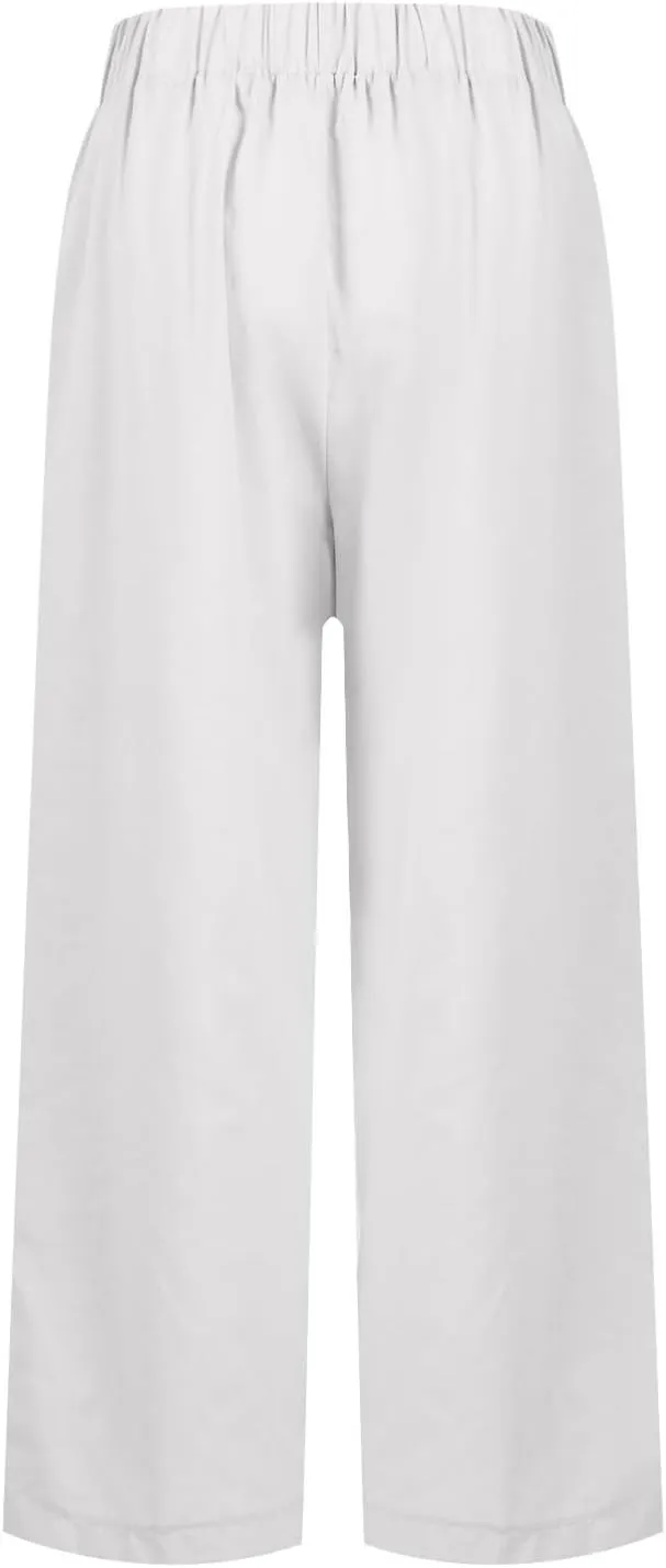 Wide Leg Pants Woman Casual Linen Elastic Waisted Pants Straight Loose Comfy Trousers Solid Sweatpants with Pocket