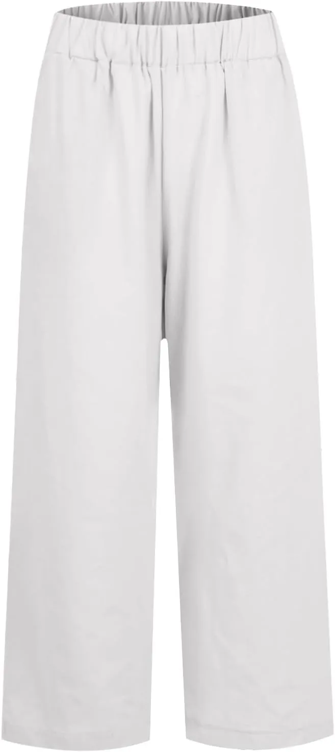 Wide Leg Pants Woman Casual Linen Elastic Waisted Pants Straight Loose Comfy Trousers Solid Sweatpants with Pocket