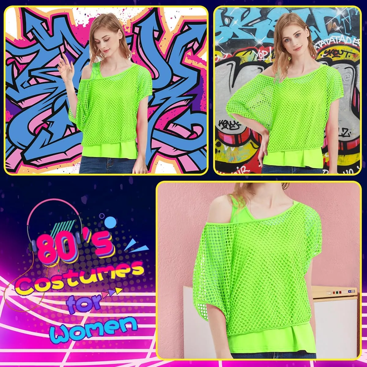 WILDPARTY Women's Casual Sexy Off Shoulder T-Shirt, 80s 90s Outfit 80's Costume Fishnet Neon Shirt Summer Short Sleeve