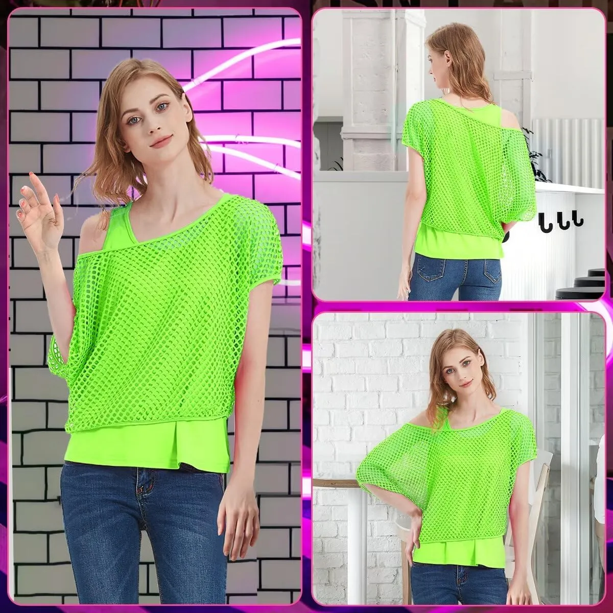 WILDPARTY Women's Casual Sexy Off Shoulder T-Shirt, 80s 90s Outfit 80's Costume Fishnet Neon Shirt Summer Short Sleeve