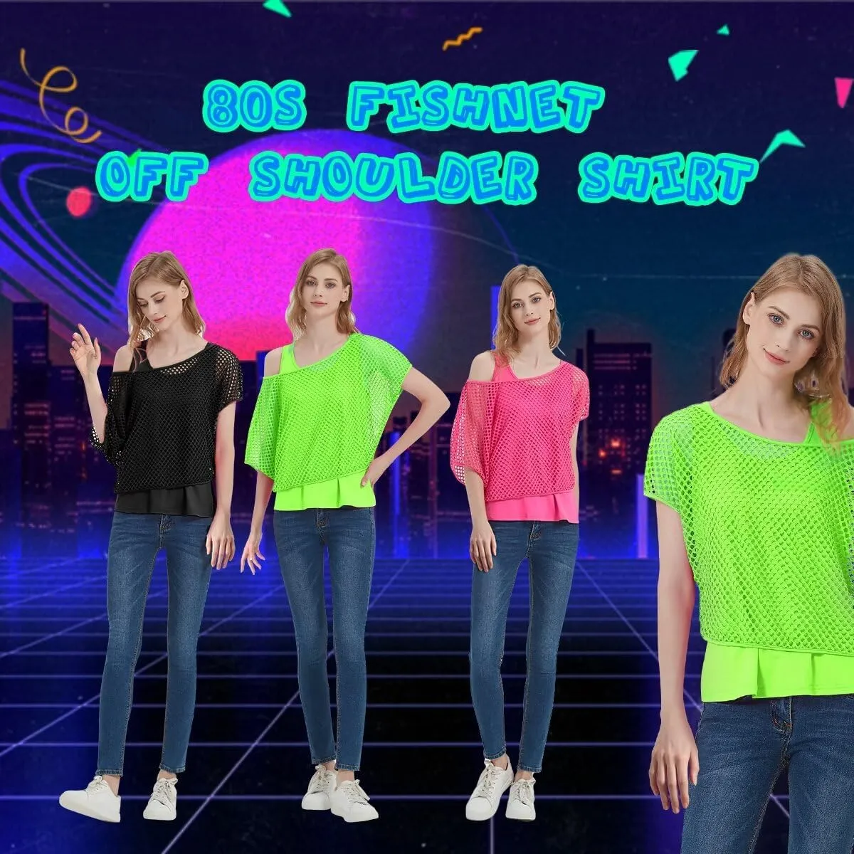 WILDPARTY Women's Casual Sexy Off Shoulder T-Shirt, 80s 90s Outfit 80's Costume Fishnet Neon Shirt Summer Short Sleeve