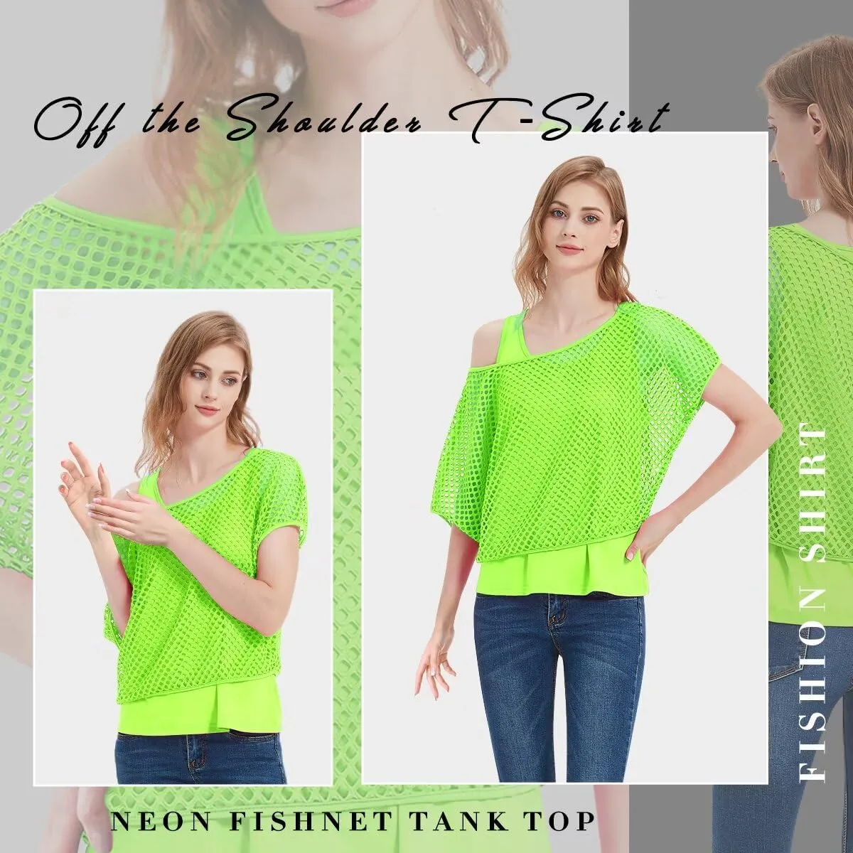 WILDPARTY Women's Casual Sexy Off Shoulder T-Shirt, 80s 90s Outfit 80's Costume Fishnet Neon Shirt Summer Short Sleeve