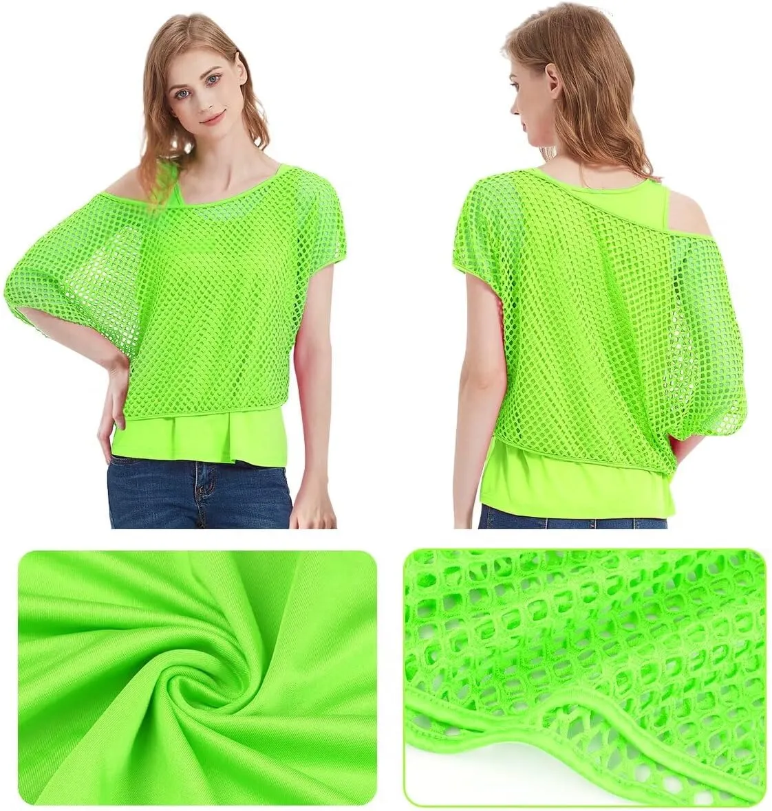 WILDPARTY Women's Casual Sexy Off Shoulder T-Shirt, 80s 90s Outfit 80's Costume Fishnet Neon Shirt Summer Short Sleeve