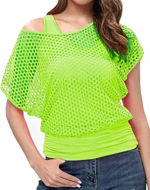 WILDPARTY Women's Casual Sexy Off Shoulder T-Shirt, 80s 90s Outfit 80's Costume Fishnet Neon Shirt Summer Short Sleeve