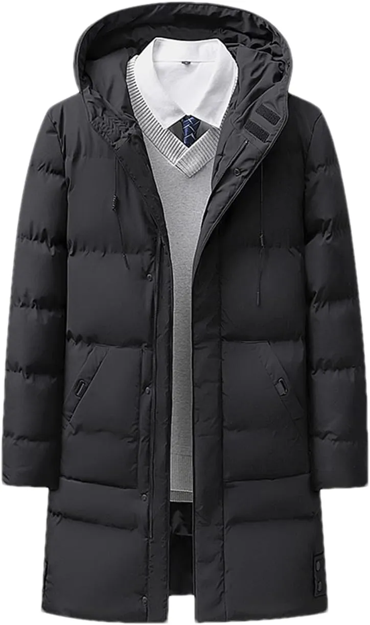 Winter Long Down Jacket For Men Cotton Padded Thickened Parkas Mens Solid Color Windproof Coat