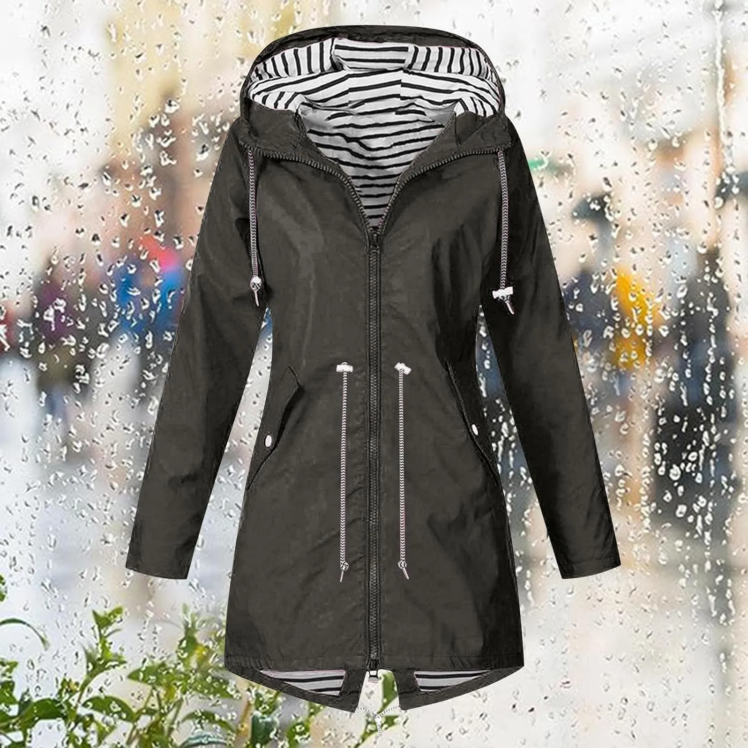 Wkishenl Rain Jacket Women Travel Waterproof Long Rain Coats Lightweight Hooded Windbreaker Trench Coats for Outdoor