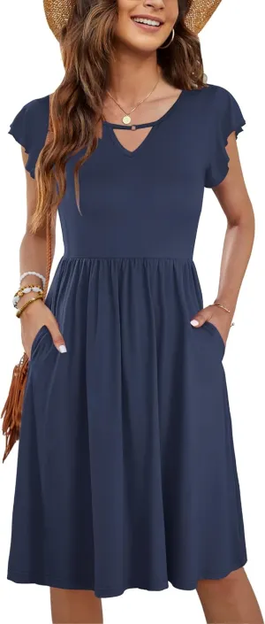 WNEEDU Summer Dresses for Women 2025 Ruffle Sleeve Casual Sundress Swing Elastic Waist Dress with Pockets