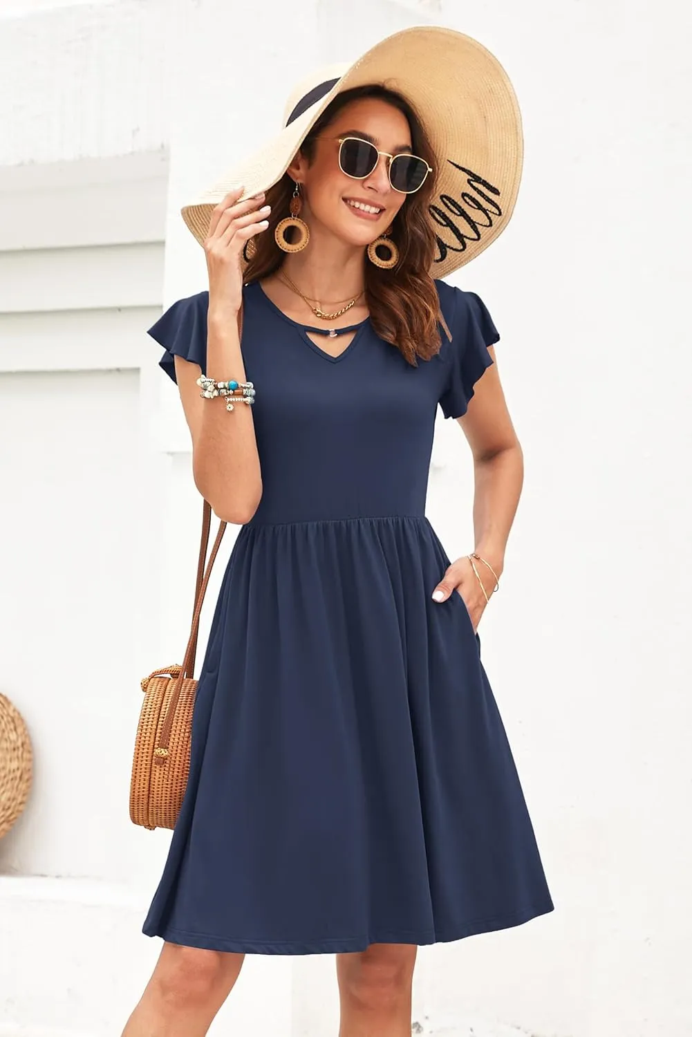 WNEEDU Summer Dresses for Women 2025 Ruffle Sleeve Casual Sundress Swing Elastic Waist Dress with Pockets