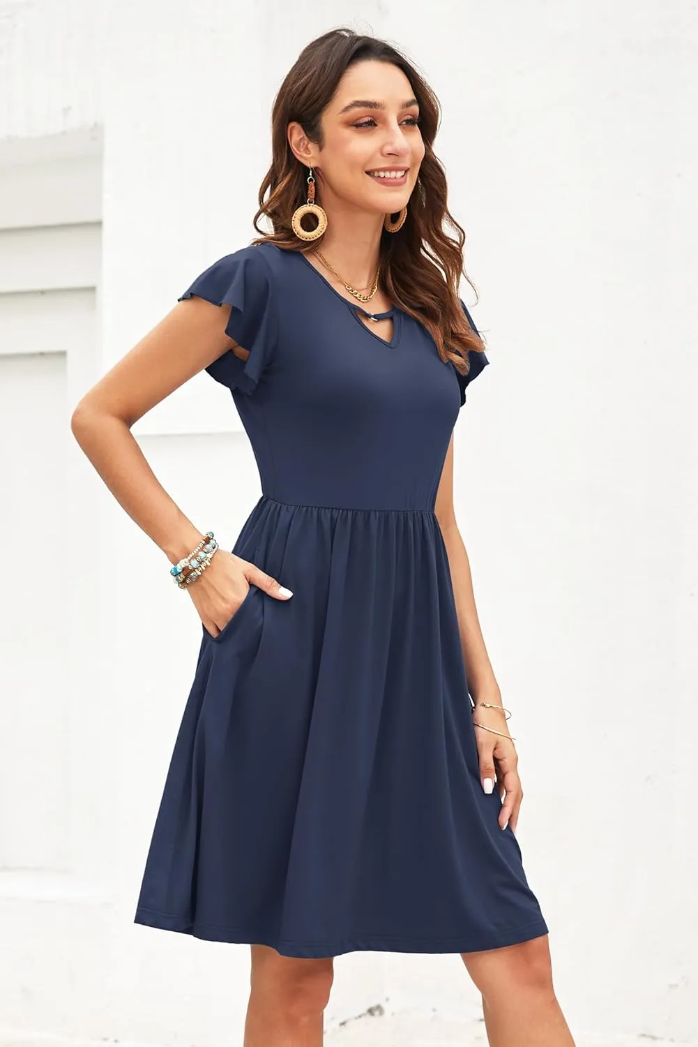WNEEDU Summer Dresses for Women 2025 Ruffle Sleeve Casual Sundress Swing Elastic Waist Dress with Pockets