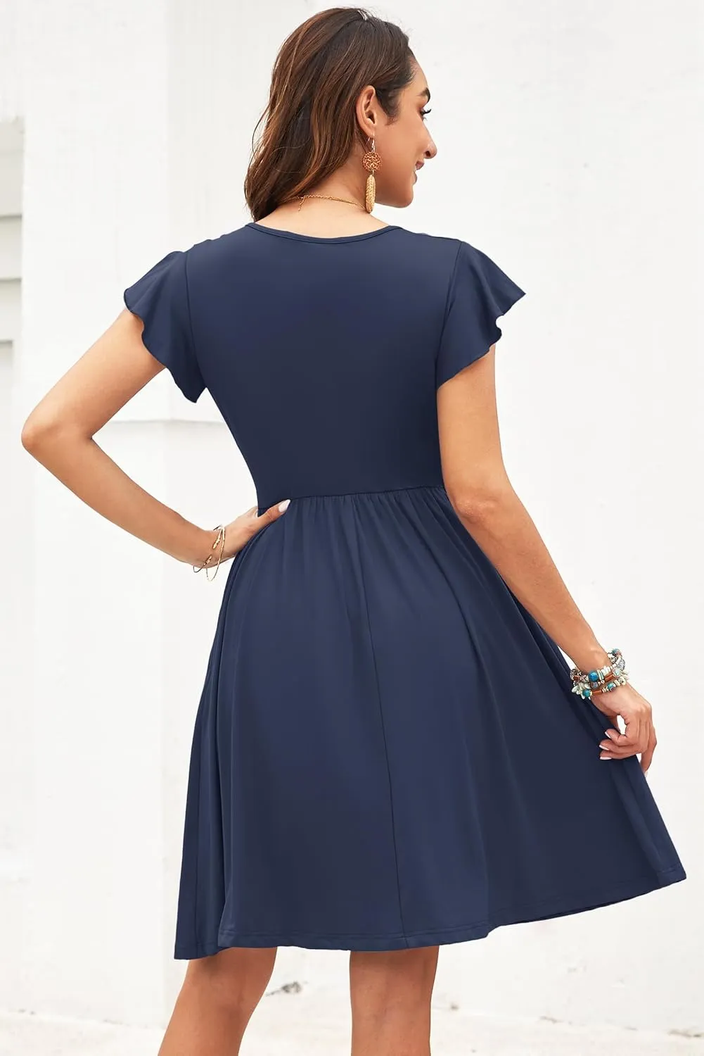 WNEEDU Summer Dresses for Women 2025 Ruffle Sleeve Casual Sundress Swing Elastic Waist Dress with Pockets