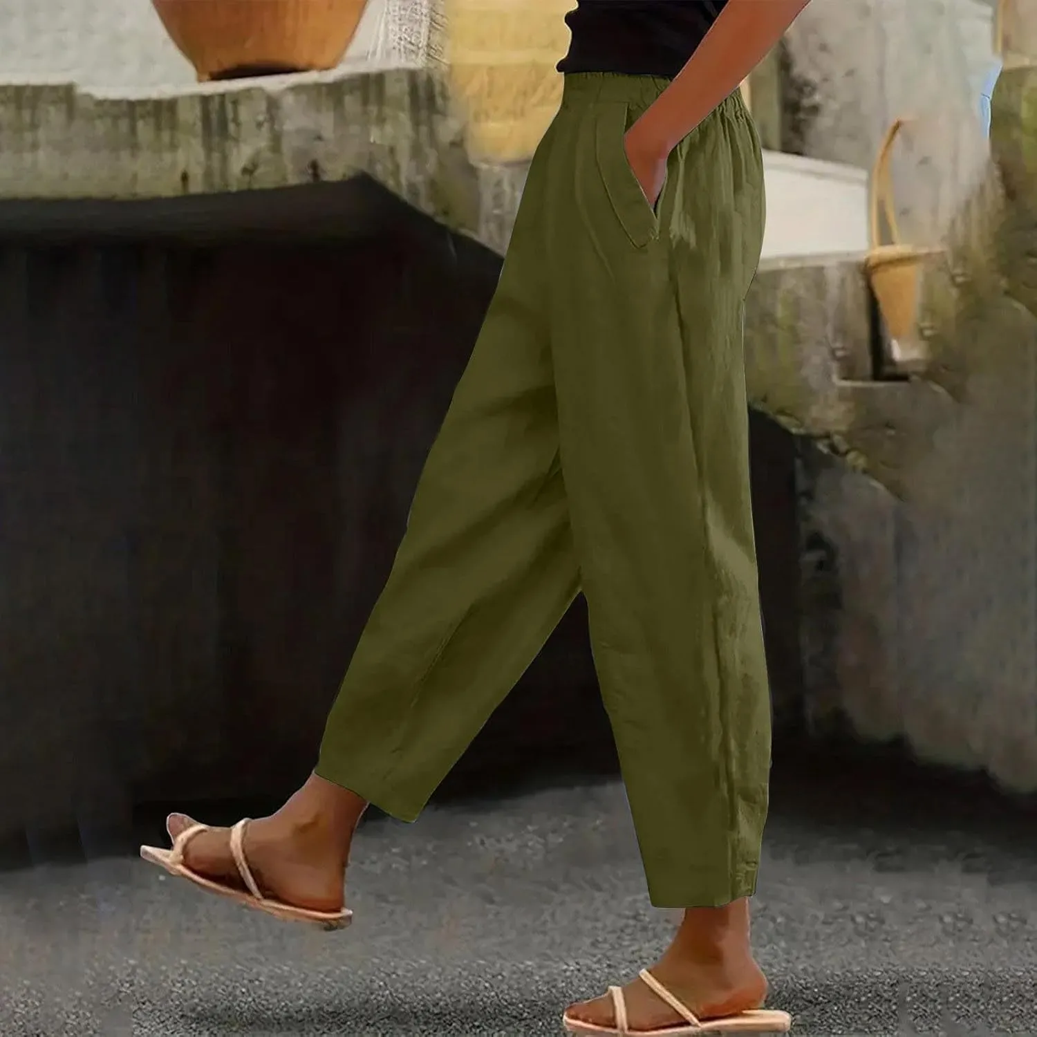 Women Cotton Linen Pant Solid Color Elastic Waist Slacks Straight Leg Comfy Pants Casual Lounge Trousers