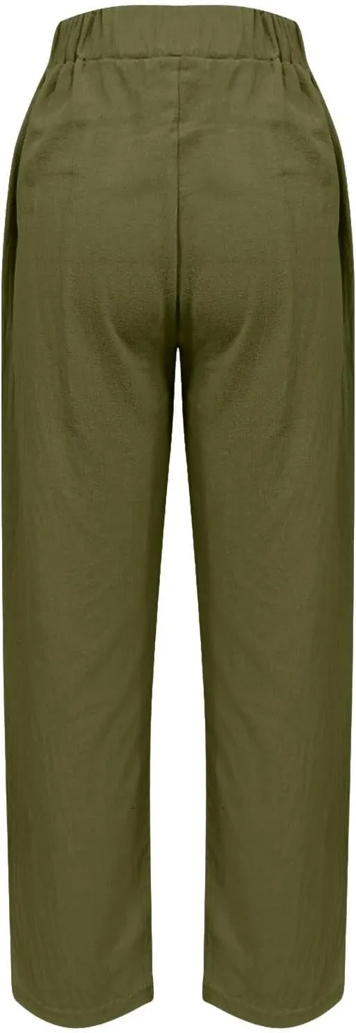 Women Cotton Linen Pant Solid Color Elastic Waist Slacks Straight Leg Comfy Pants Casual Lounge Trousers