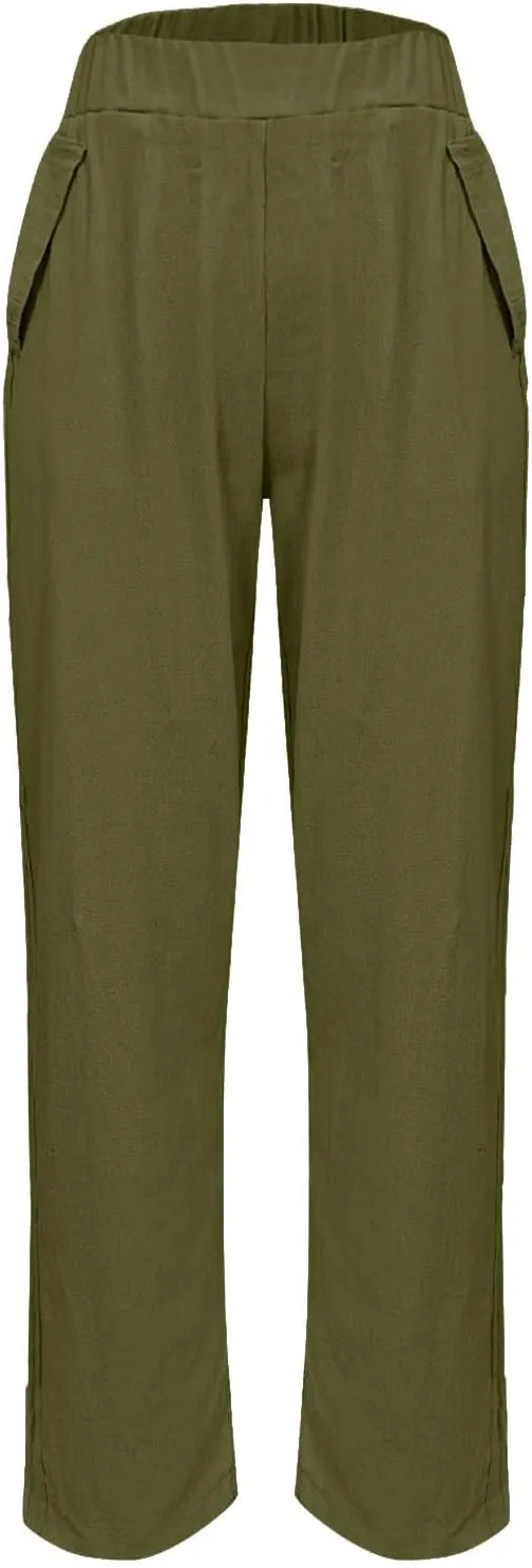 Women Cotton Linen Pant Solid Color Elastic Waist Slacks Straight Leg Comfy Pants Casual Lounge Trousers