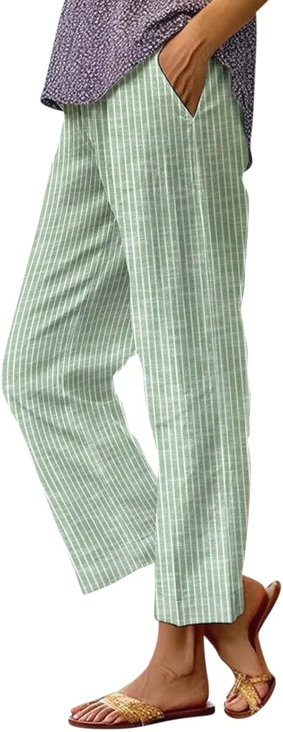 Women Cotton Linen Pants Elastic Waist Capri Wide Leg Cropped High Waist Comfy Loose Trousers with Pockets